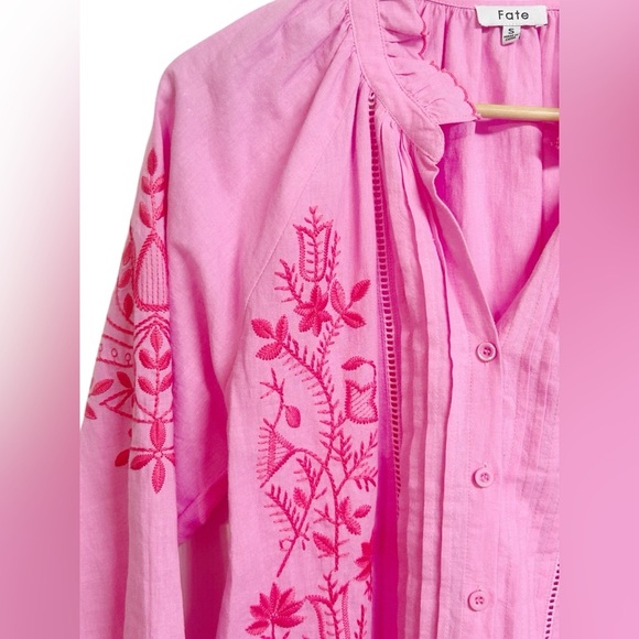 Fate All About You Hot Pink Linen Blend Embroidered Blouse Size Small - Picture 5 of 11